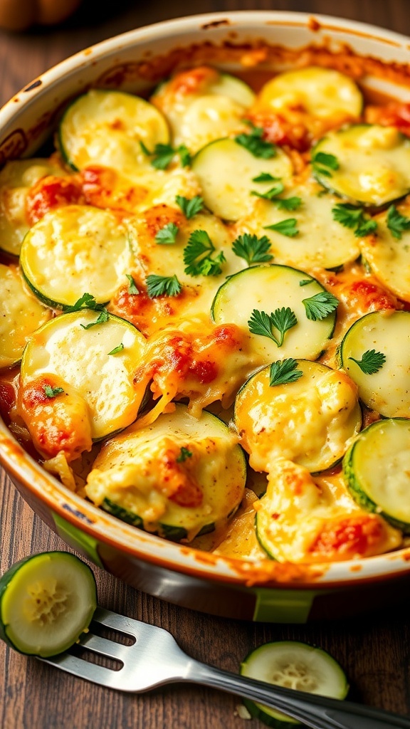 Cheesy zucchini casserole with melted cheese and fresh parsley on a wooden table.